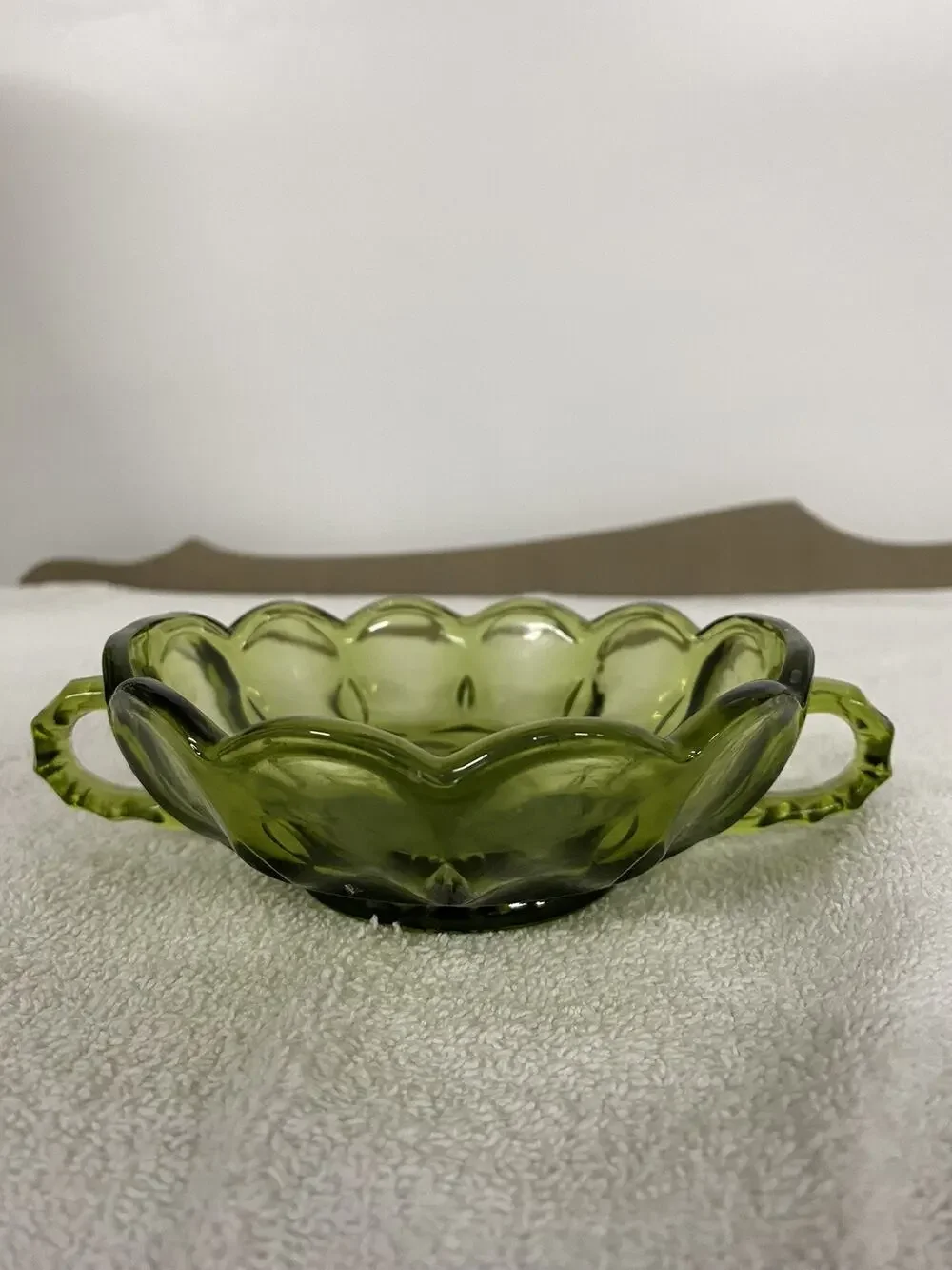 Vintage Avocado glass Anchor Hocking two-handled candy dish